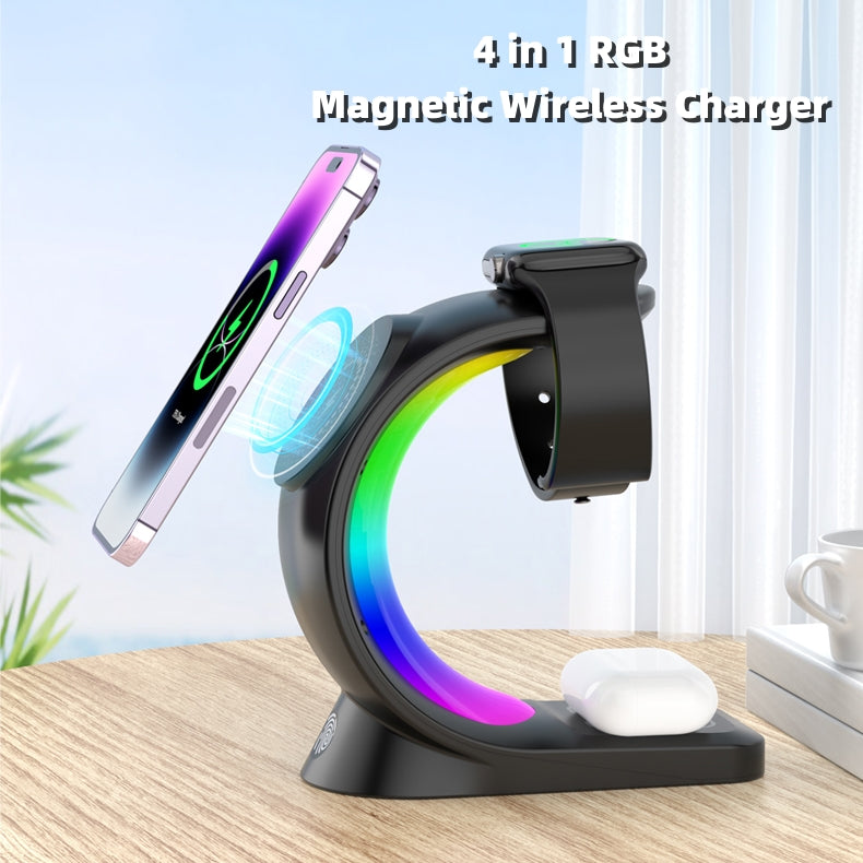 4-in-1 RGB magnetic wireless charger with smartphone, watch, and wireless earbuds on a wooden surface. Global swanky 1
