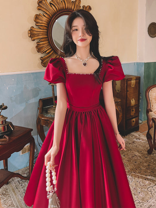 Winter Wine Red Engagement Satin Dress  French Princess Style