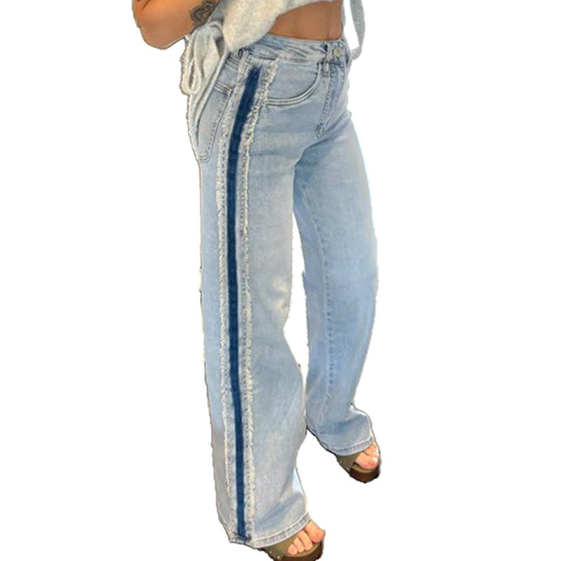 Buy Stylish Versatile Women’s Distressed Straight Jeans With Trim