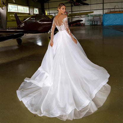 Embroidered Off-Shoulder Long Sleeve Wedding Dress for Brides