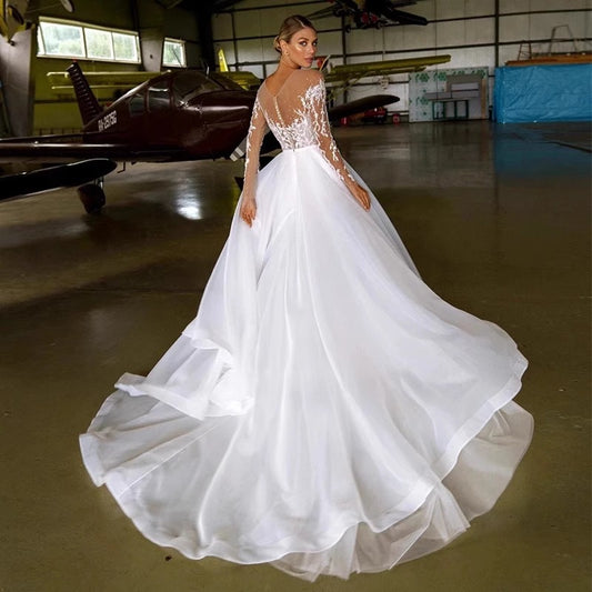 Embroidered Off-Shoulder Long Sleeve Wedding Dress for Brides