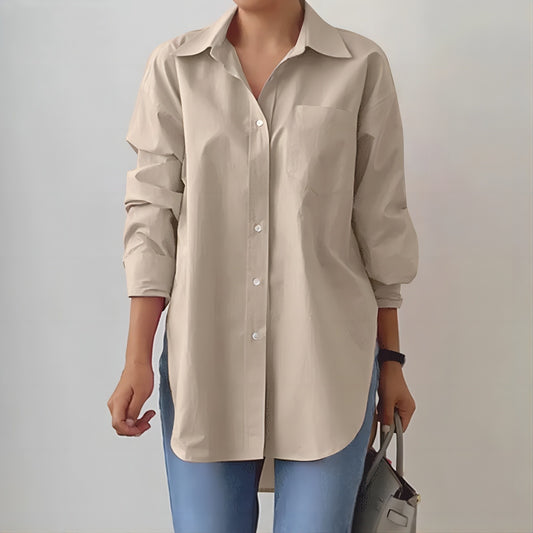 Solid-Color Split-Neck Long-Sleeve Shirt – Classic Style