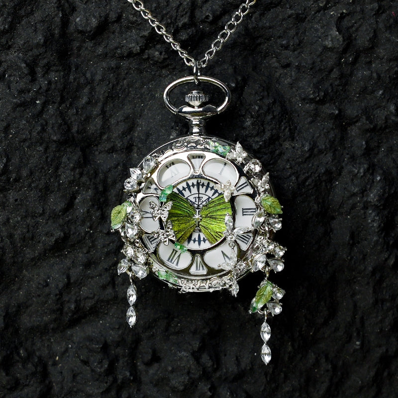 Couples Teal  Green Butterfly Animated Pocket Watch  Romantic