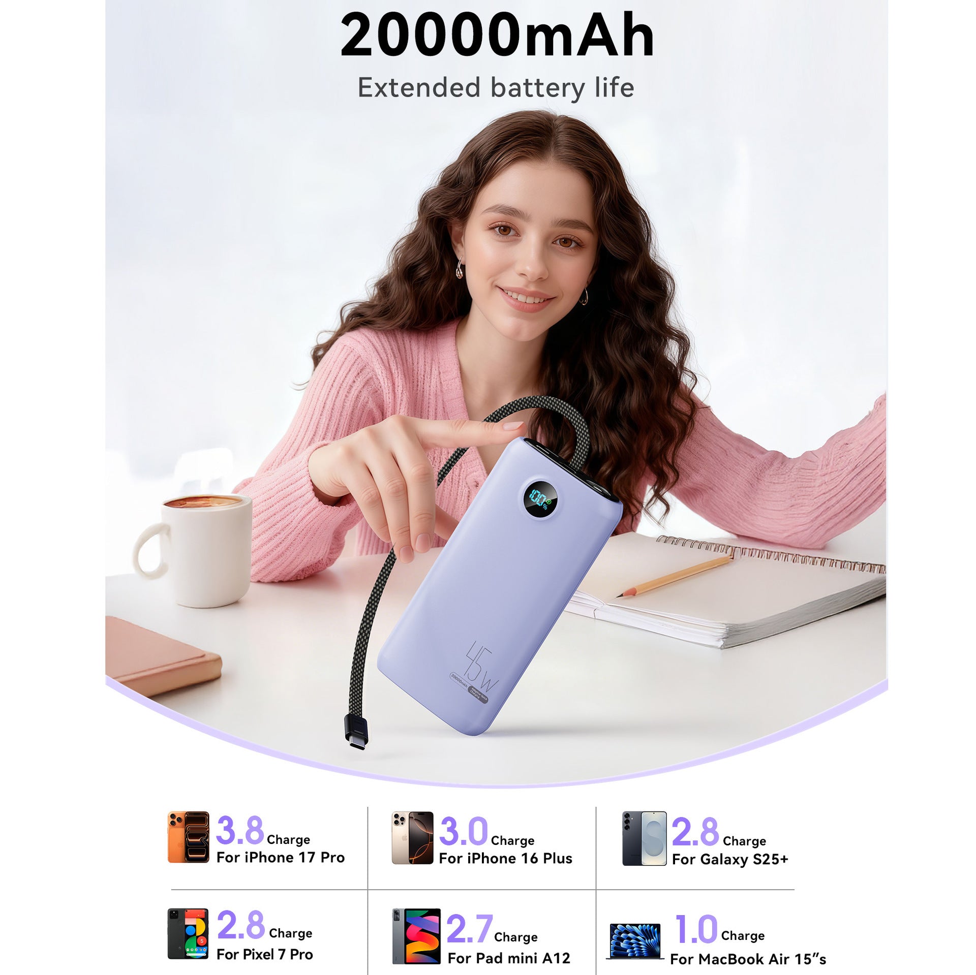 45W Laptop Power Bank with Built-in Cable