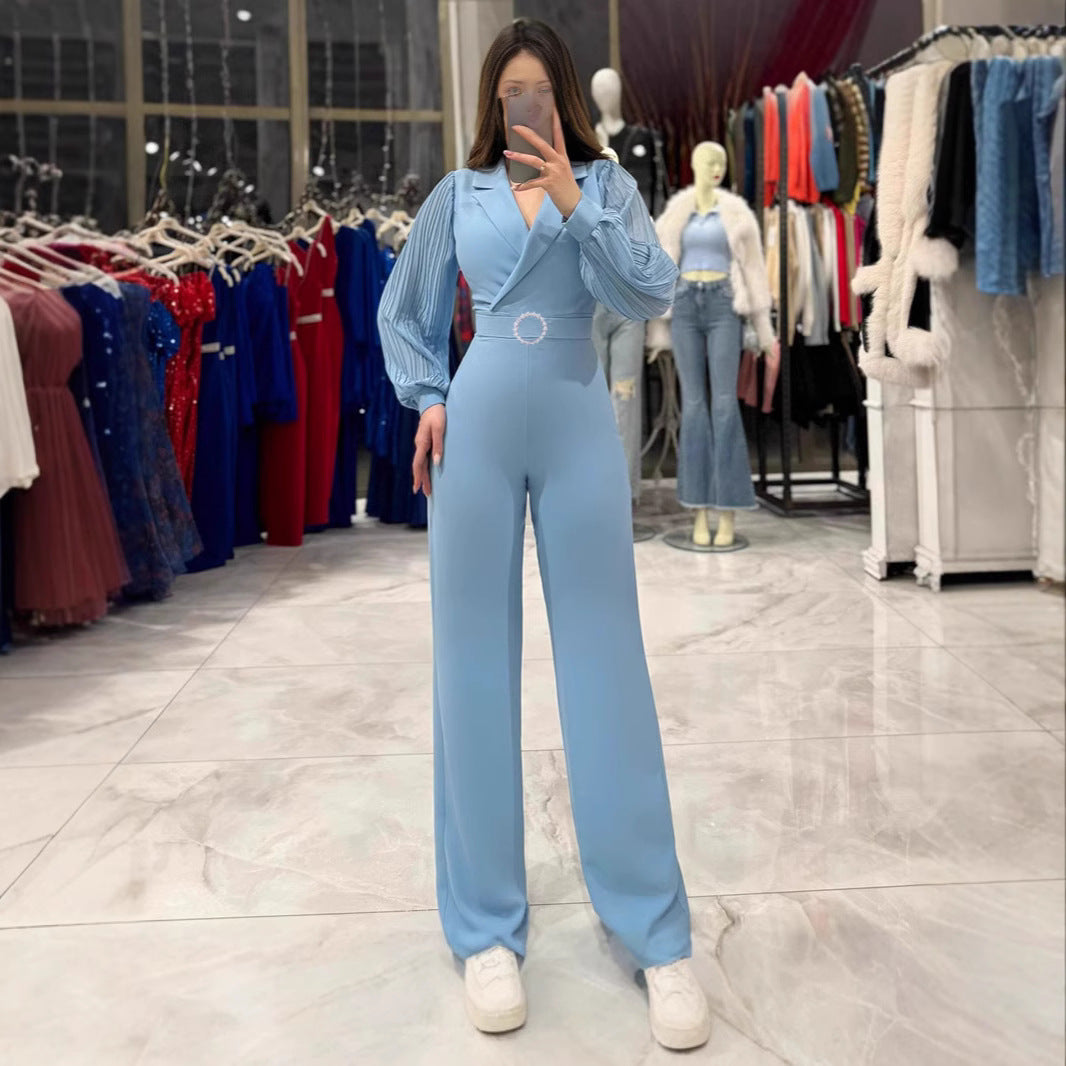 Fashionable Fitted Jumpsuit & Pleated Sleeves Blazer Collar