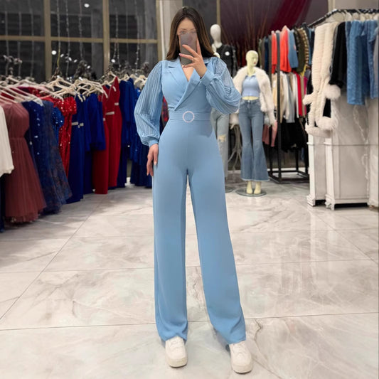 Fashionable Fitted Jumpsuit & Pleated Sleeves Blazer Collar
