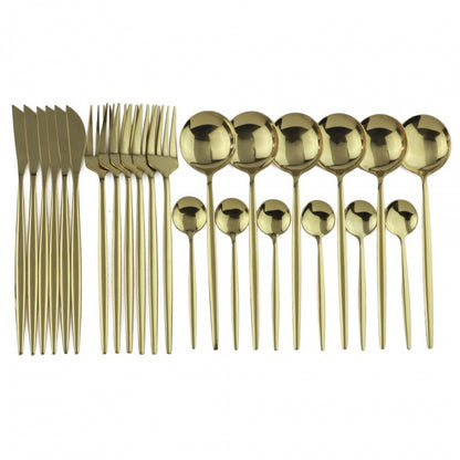 24PCS White Gold Dinnerware Set Stainless Steel Knife Fork