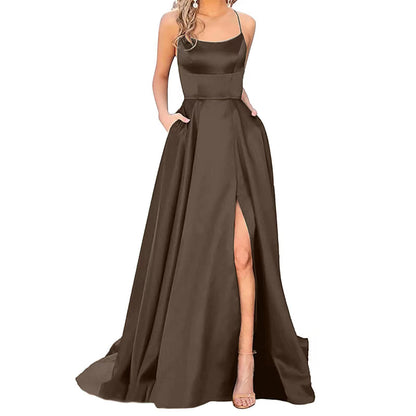 Solid Color Long Slimming Shoulder Hollow Bridesmaid Dress