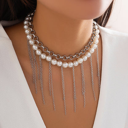 Pearl Tassel Double-Layer Retro Necklace Fun Design Jewelry