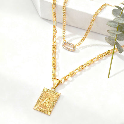Double Layer Gold 26 Letter Necklace with Zircon Circles