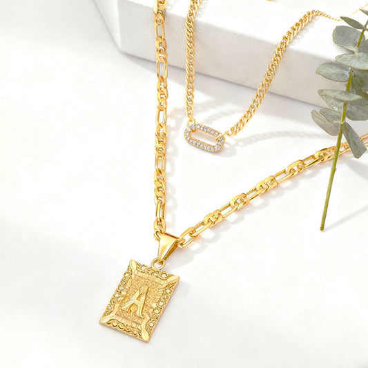 Double Layer Gold 26 Letter Necklace with Zircon Circles