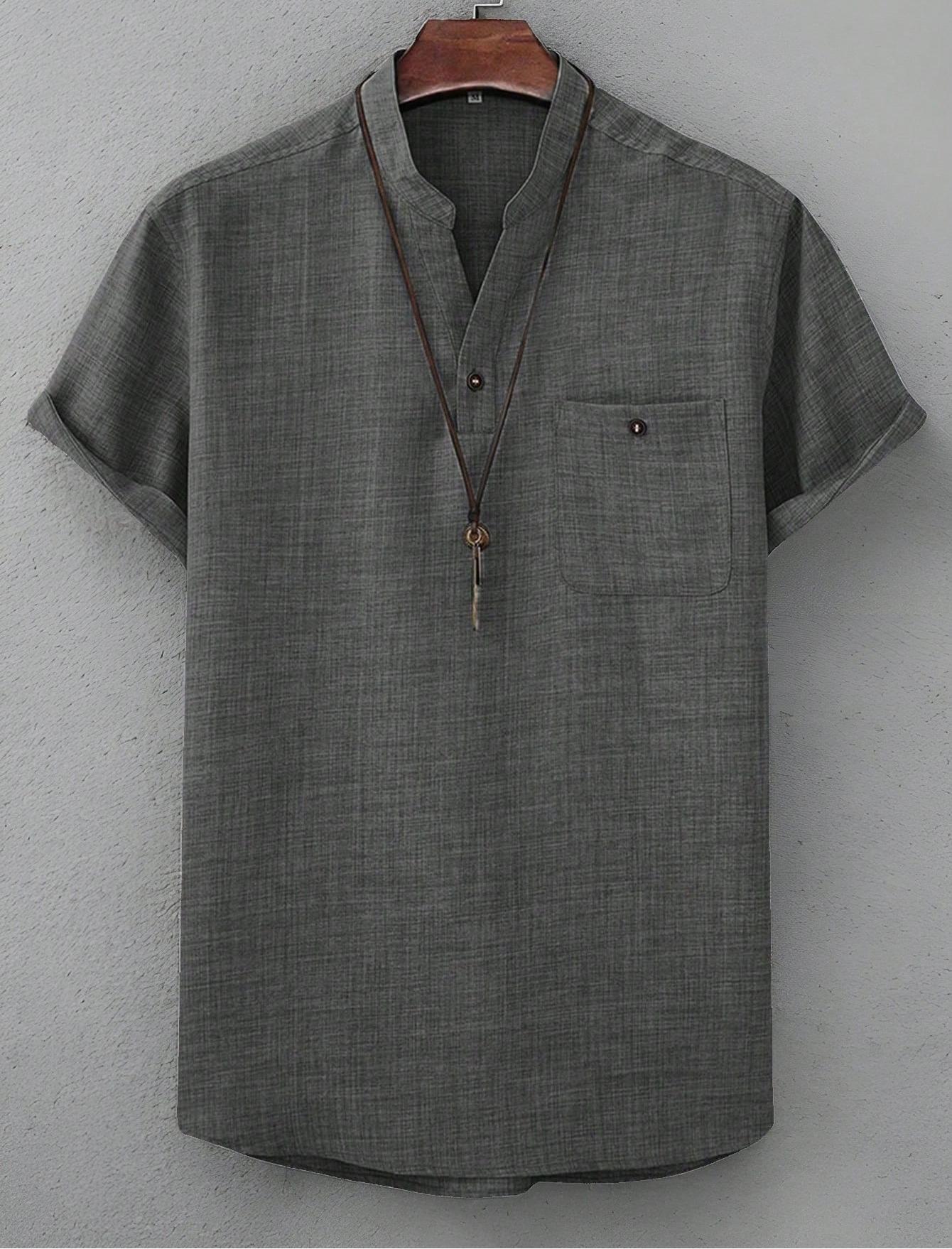 Men’s Casual Short-Sleeve Solid-Color Shirt Turn-Down Collar