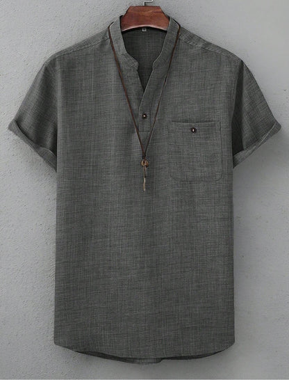 Men’s Casual Short-Sleeve Solid-Color Shirt Turn-Down Collar