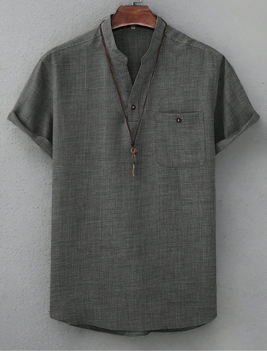 Men’s Casual Short-Sleeve Solid-Color Shirt Turn-Down Collar