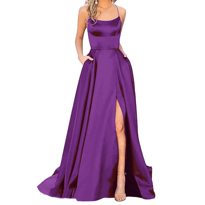 Solid Color Long Slimming Shoulder Hollow Bridesmaid Dress