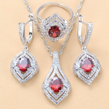 Gem-inlaid Pendant Earrings Necklace Ring Set – Perfect for Ladies