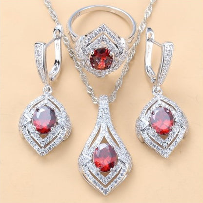 Gem-inlaid Pendant Earrings Necklace Ring Set – Perfect for Ladies