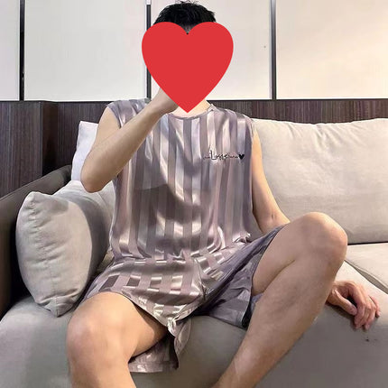 Buy Men’s Summer Ice Silk Pajamas Vest Shorts Sleepwear Set