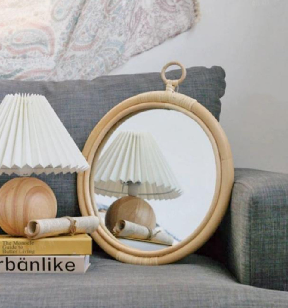 Round Vintage Rattan Makeup Mirror – Stylish Handmade Korean Design