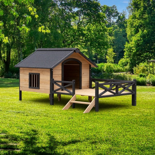 Outdoor Large Cabin Style Wooden Kennel With Porch for Dogs