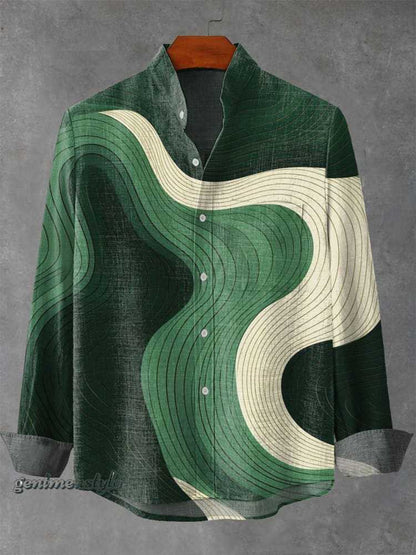 Mens Stand Up Collar Long Sleeve Shirt With Irregular Striped 3D.