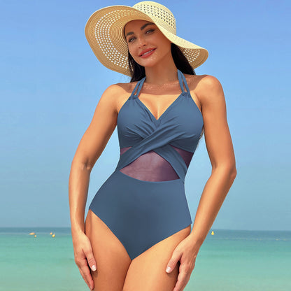 Buy Solid Color One-piece Swimsuit | Halter-neck Mesh Beachwear