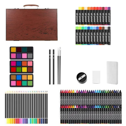 140PCS Art Supplies Kit Colored Pencils Pastels Wooden Box