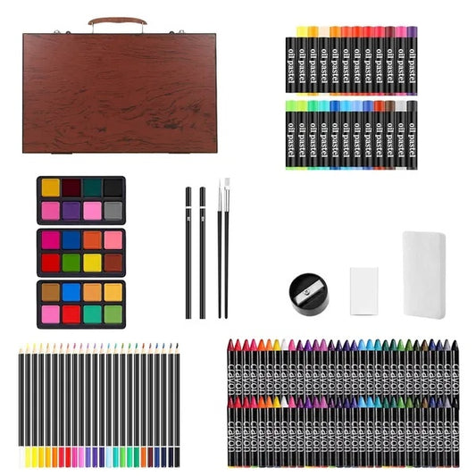 140PCS Art Supplies Kit Colored Pencils Pastels Wooden Box