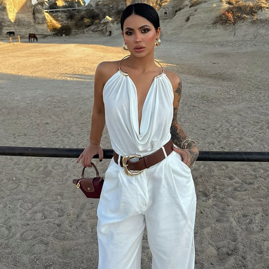 Stylish Solid-Color Low-Cut Metal Halter Bodycon Tank Top