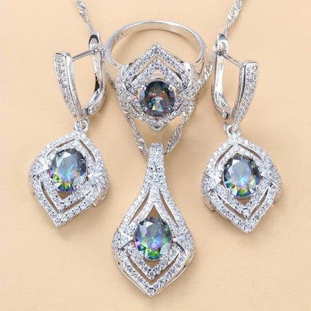 Gem-inlaid Pendant Earrings Necklace Ring Set – Perfect for Ladies