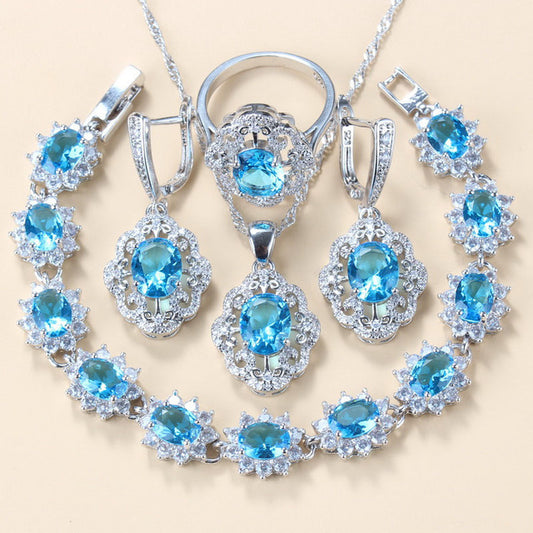 Garnet Cubic Zirconia Earrings Pendant Necklace Bracelet Ring Gift 4 PCs Set