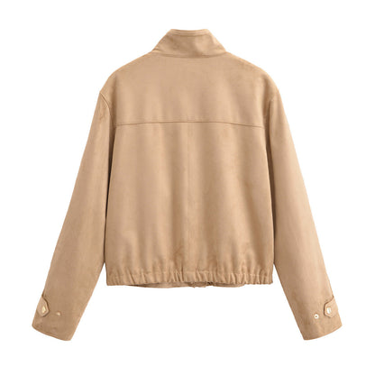 Buy Women’s Casual Stand-Collar Suede-Fleece Long-Sleeve Jacket