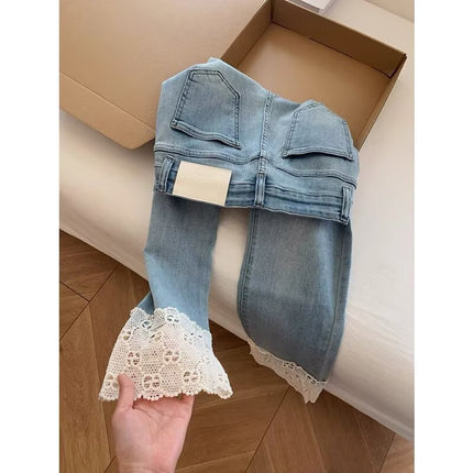 Fashionable Retro Lace Straight-Leg Denim Jeans for Women