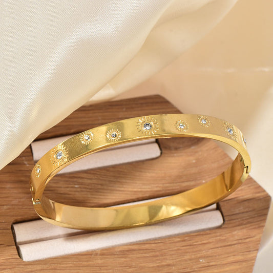 Retro Sunflower Diamond Encrusted Gold Polished Cuff Bracelet