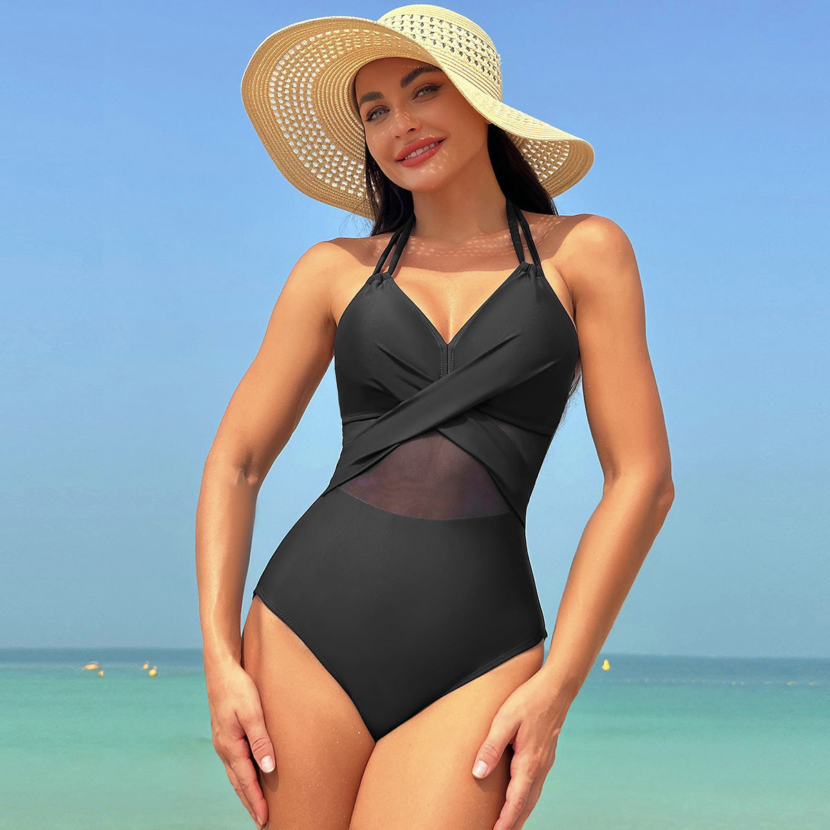 Buy Solid Color One-piece Swimsuit | Halter-neck Mesh Beachwear