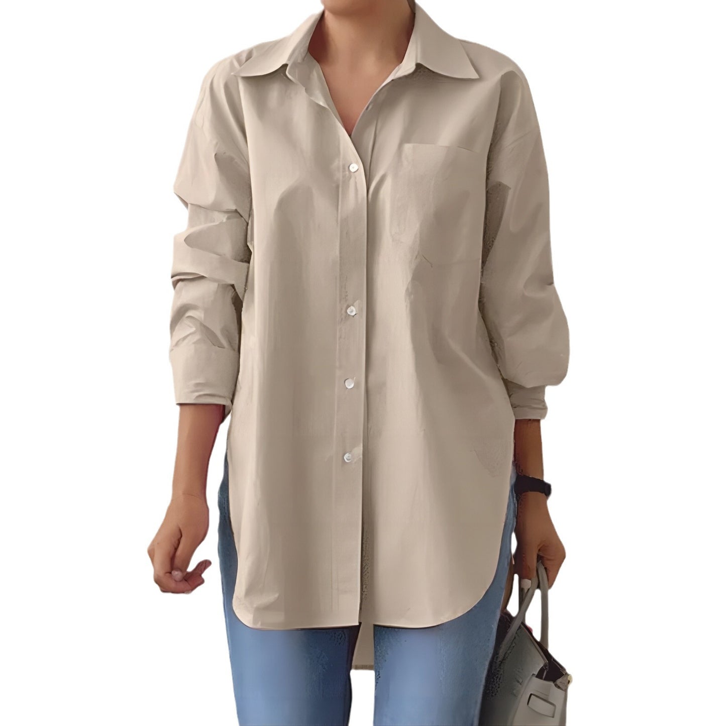 Solid-Color Split-Neck Long-Sleeve Shirt – Classic Style