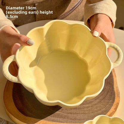 Double Eared Ceramic Soup Bowl with Floral Design