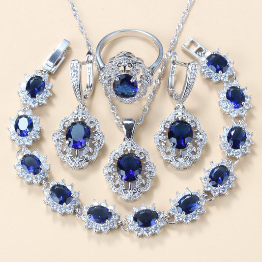 Garnet Cubic Zirconia Earrings Pendant Necklace Bracelet Ring Gift 4 PCs Set