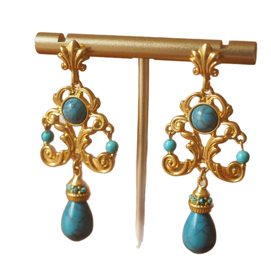 Buy Vintage Palace Style Turquoise Floral Carved Drop Earrings