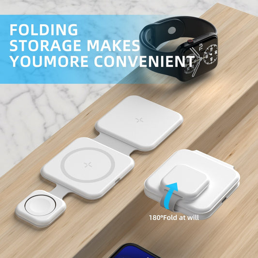3-in-1 foldable wireless charger with phone, watch, and earbuds on a wooden surface. Global swanky 9