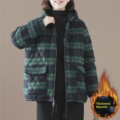 Buy Women’s Short Cotton-Padded Plaid Coat for Fall and Winter