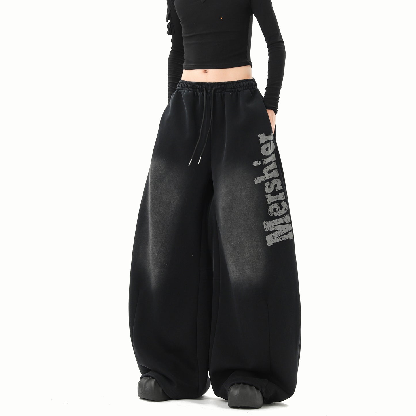 Black Washed Gradient Distressed Sweatpants for Women Style