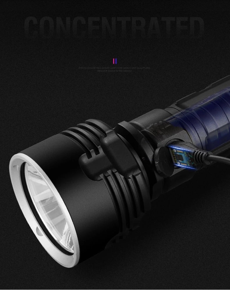 High Power LED Flashlight 20W Rechargeable 500m Range Torch