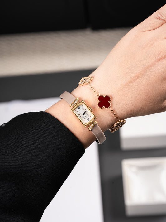 Vintage Square Watch for Women with Dainty Wheat Design