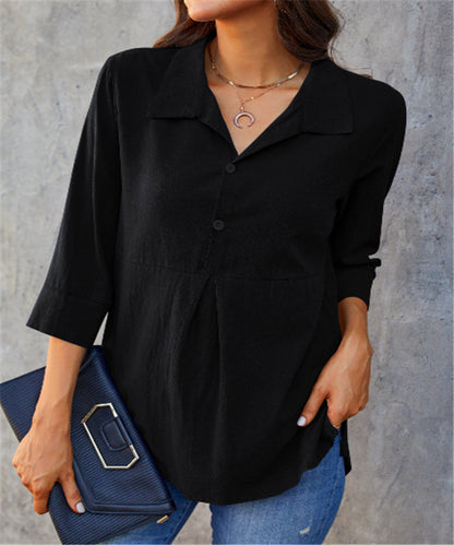 Solid-Color Peplum Women's Shirt – Lapel-Neck and Slit Detail