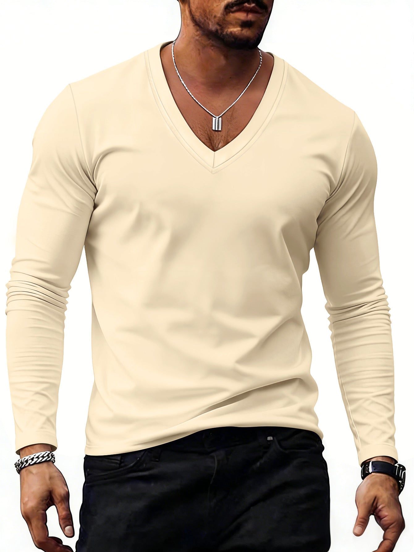 Men’s Solid-Color Plus-Size Casual V-Neck T-Shirt Trendy Style