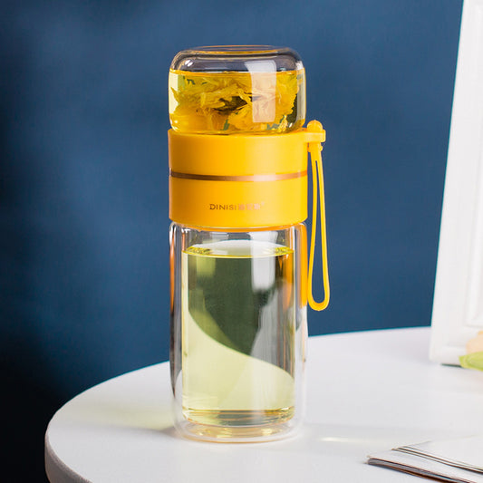 Glass Water Bottle with Tea Infuser Filter Double Wall Design