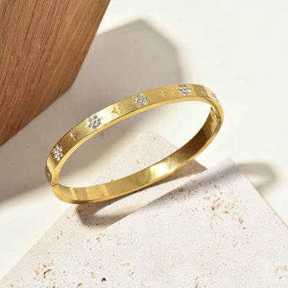 Retro Sunflower Diamond Encrusted Gold Polished Cuff Bracelet