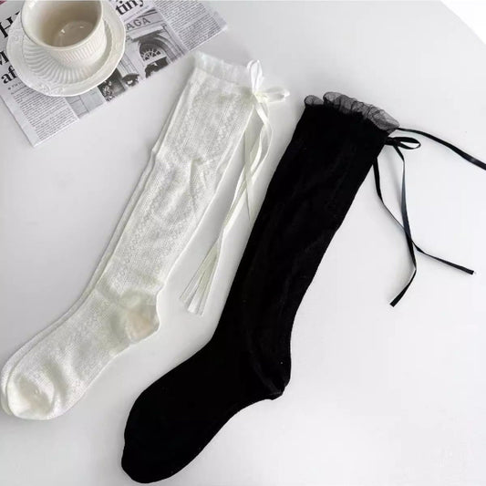 Buy Ballet-Style Hollowed-Out Mid-Calf Socks With Bow-Tie Ribbon
