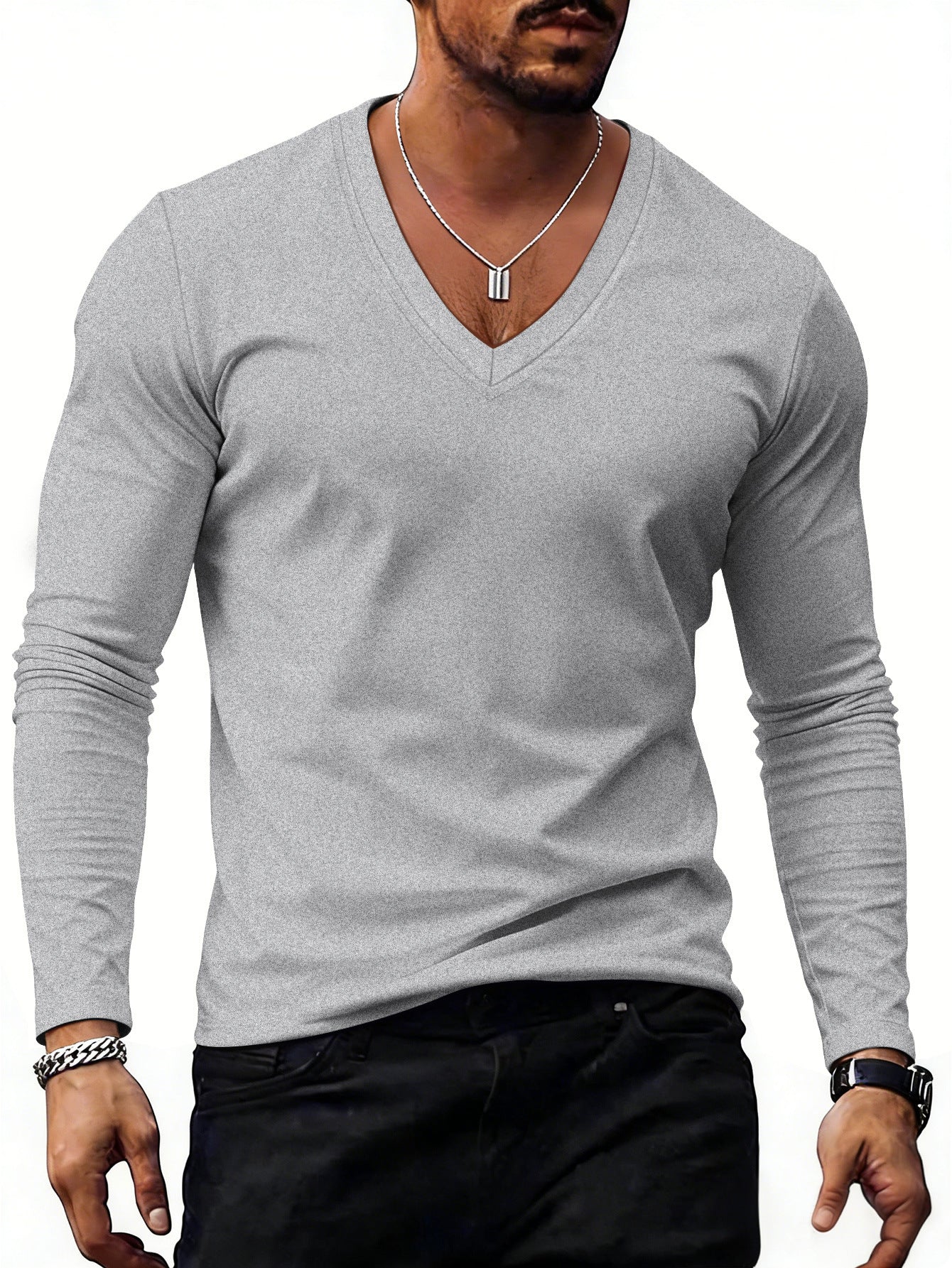 Men’s Solid-Color Plus-Size Casual V-Neck T-Shirt Trendy Style